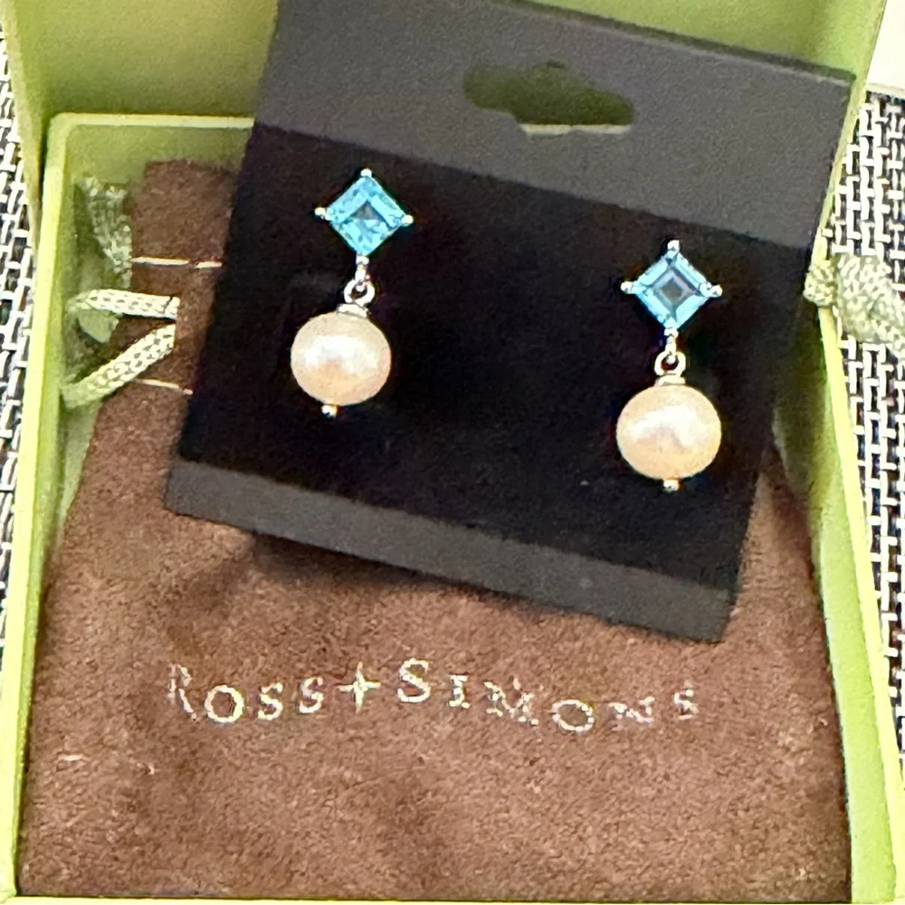 Ross-Simons SS Square Genuine Aquamarine and FWP Dangle Earrings NEW! - Picture 2 of 4